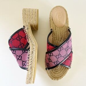 Gucci Monogram GG Canvas Pink Red Criss Cross Espadrille Sandals Mules EU 37